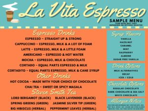 Our sample coffee bar menu showing the drinks and options available