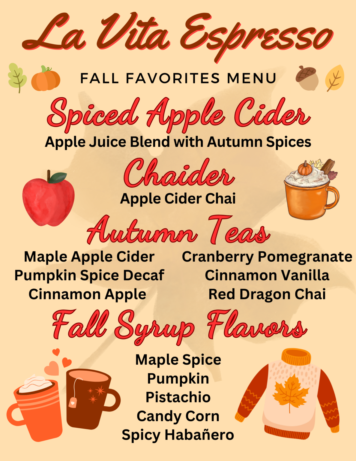 La Vita Espresso Fall Favorites menu for Twin Cities autumn events