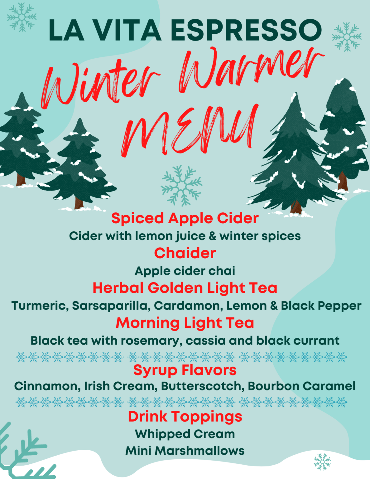 La Vita Espresso Winter Warmer menu for Minnesota winter events