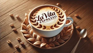 a latte with art on it that says La Vita Espresso