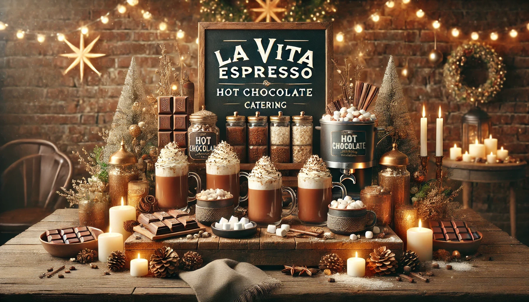 Wide-format image of La Vita Espresso’s hot chocolate catering setup featuring 'LA VITA ESPRESSO' branding. The display includes luxurious hot chocolate mugs topped with whipped cream, marshmallows, and chocolate sprinkles, surrounded by holiday decor like pine cones, festive lights, and warm wooden textures, creating a cozy, winter ambiance perfect for events in Minneapolis and the Twin Cities