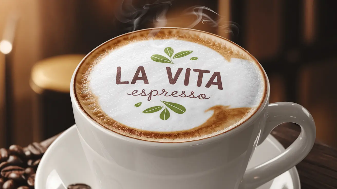 A close-up of a cup of espresso placed on a saucer. The coffee is frothy with steam rising from its surface. Prominently displayed on the froth is the text 'LA VITA espresso' in a playful font, accompanied by two green leaf designs. Surrounding the cup are coffee beans scattered on the saucer, and in the blurred background, there appears to be a wooden surface and some ambient lighting.