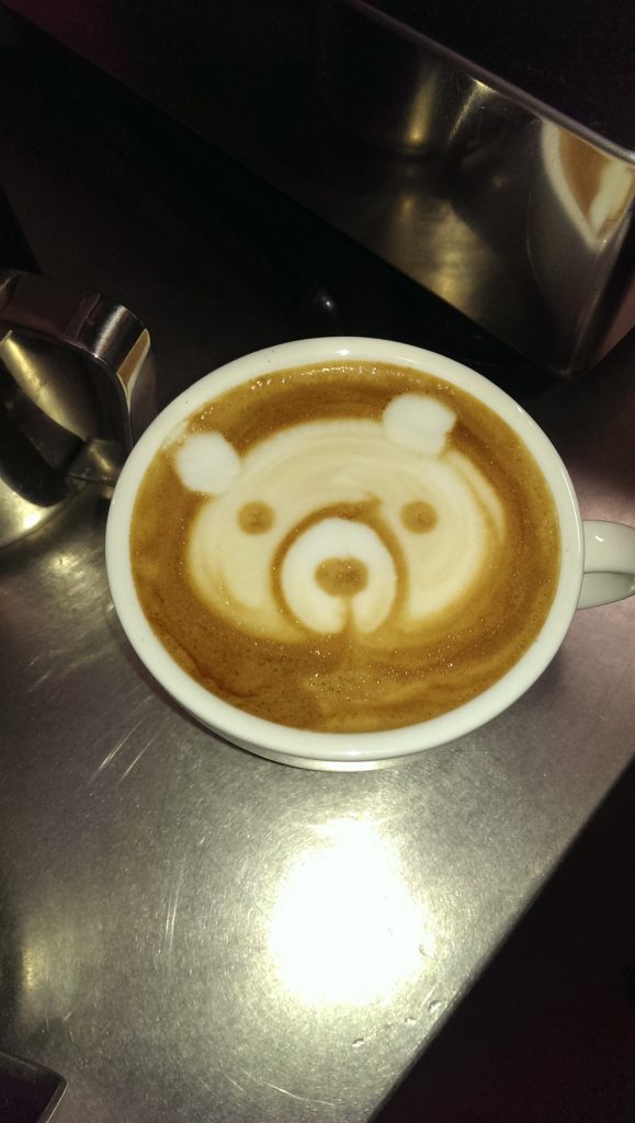 Bear face latte art created by La Vita Espresso coffee cart catering in Minneapolis.