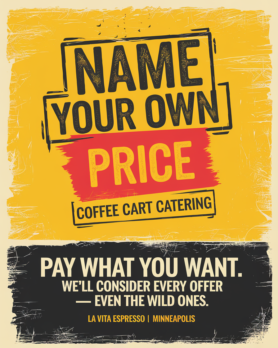 Name Your Own Price coffee cart catering campaign poster from La Vita Espresso in Minneapolis