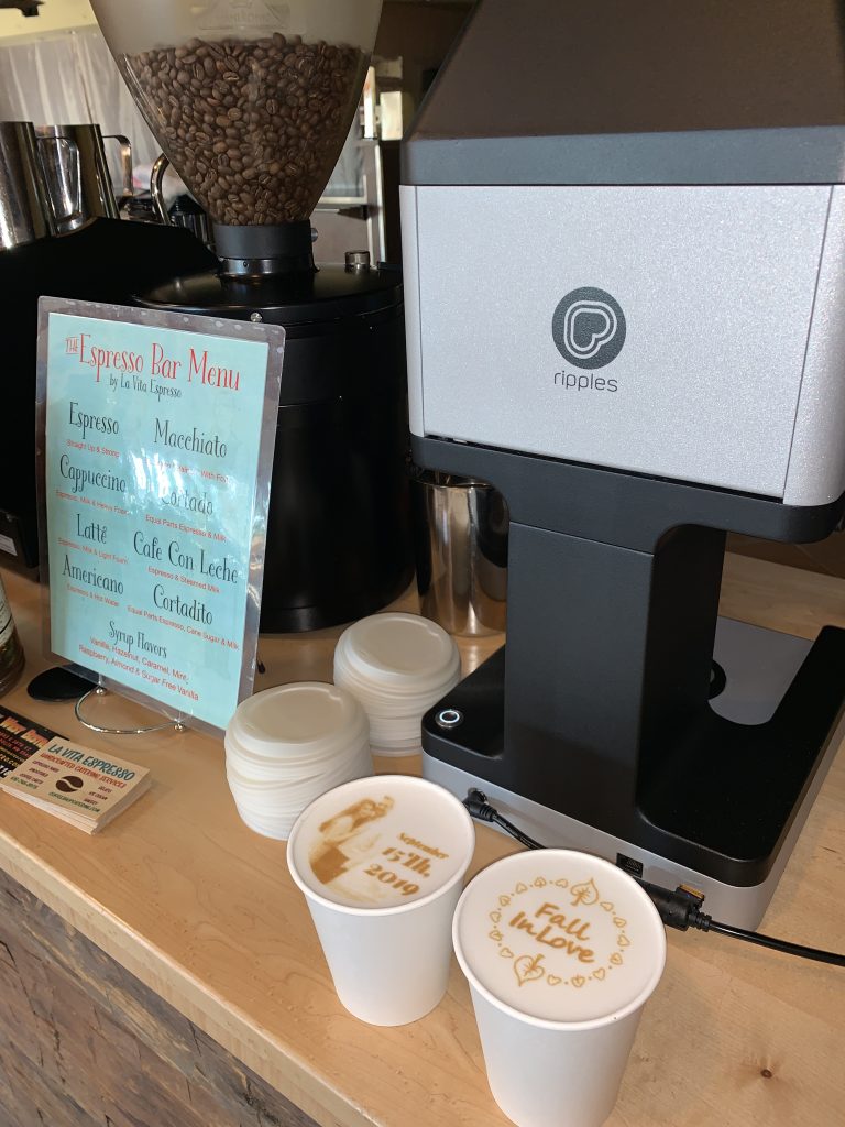 Custom printed latte art with Ripples machine at La Vita Espresso coffee cart catering in Minneapolis.