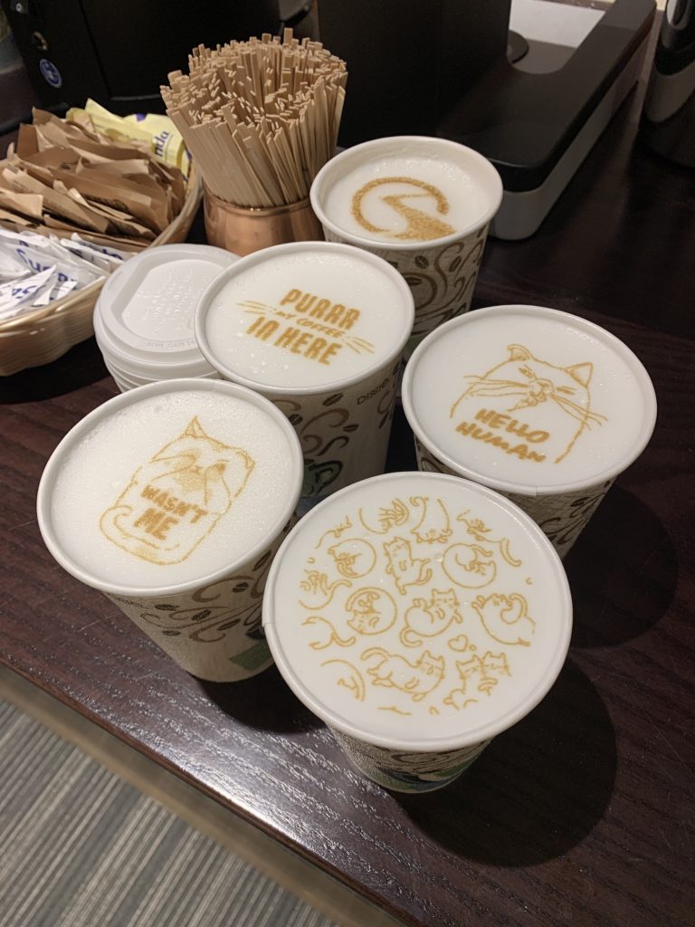 Custom printed lattes with cat-themed designs from La Vita Espresso’s coffee cart catering in Minneapolis.