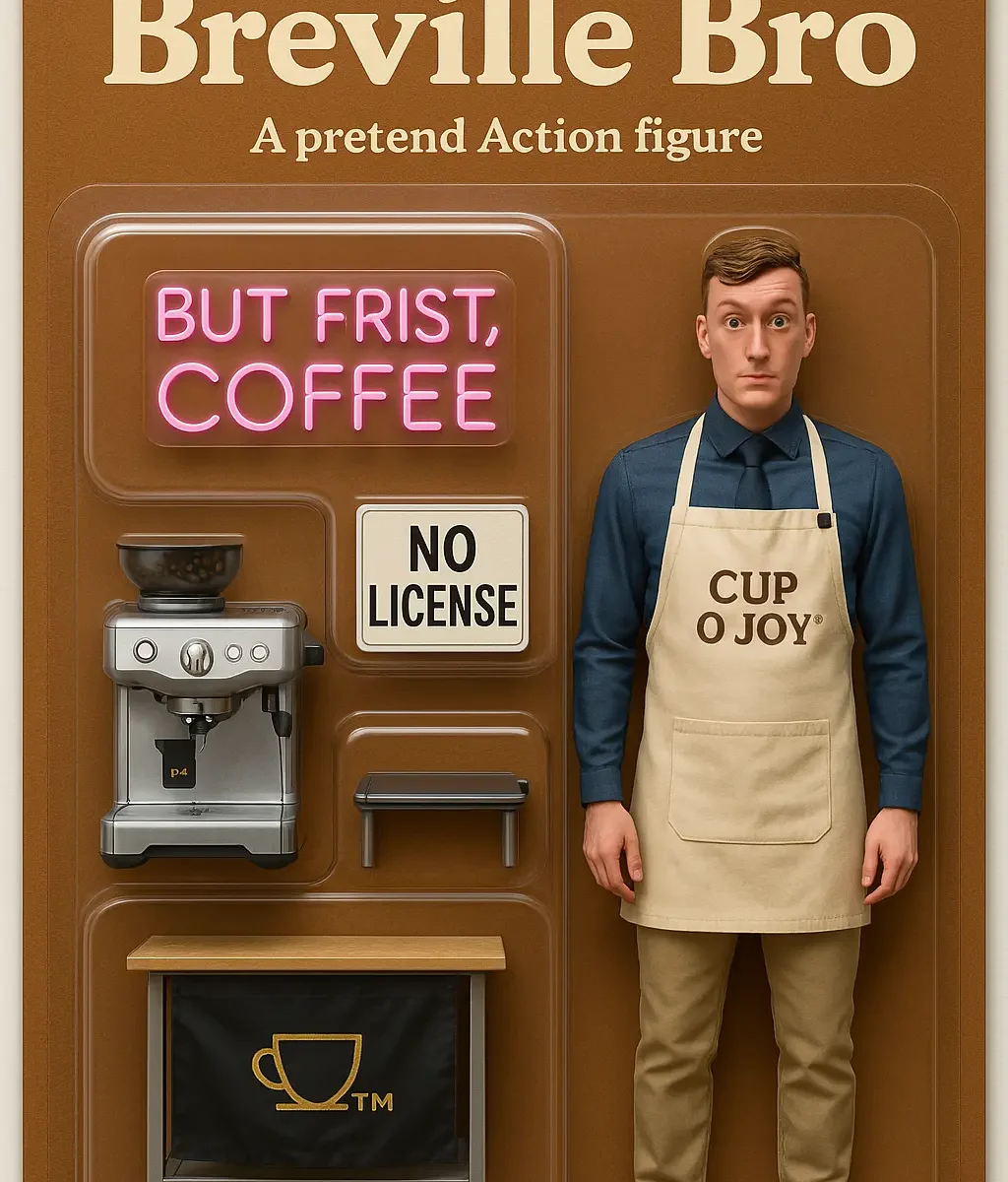 Breville Bro action figure in coffee-themed packaging with accessories