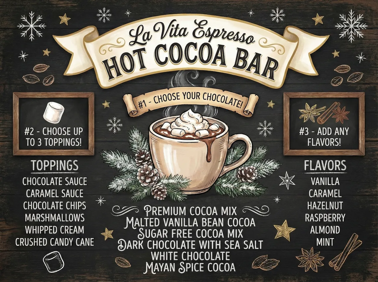 Menu for La Vita Espresso's Hot Cocoa Bar, offering premium cocoa flavors including malted vanilla bean, sugar-free cocoa, dark chocolate with sea salt, white chocolate, and Mayan spice. Toppings include chocolate sauce, caramel sauce, chocolate chips, marshmallows, whipped cream, and crushed candy cane. Flavor options: vanilla, caramel, hazelnut, raspberry, almond, and mint.