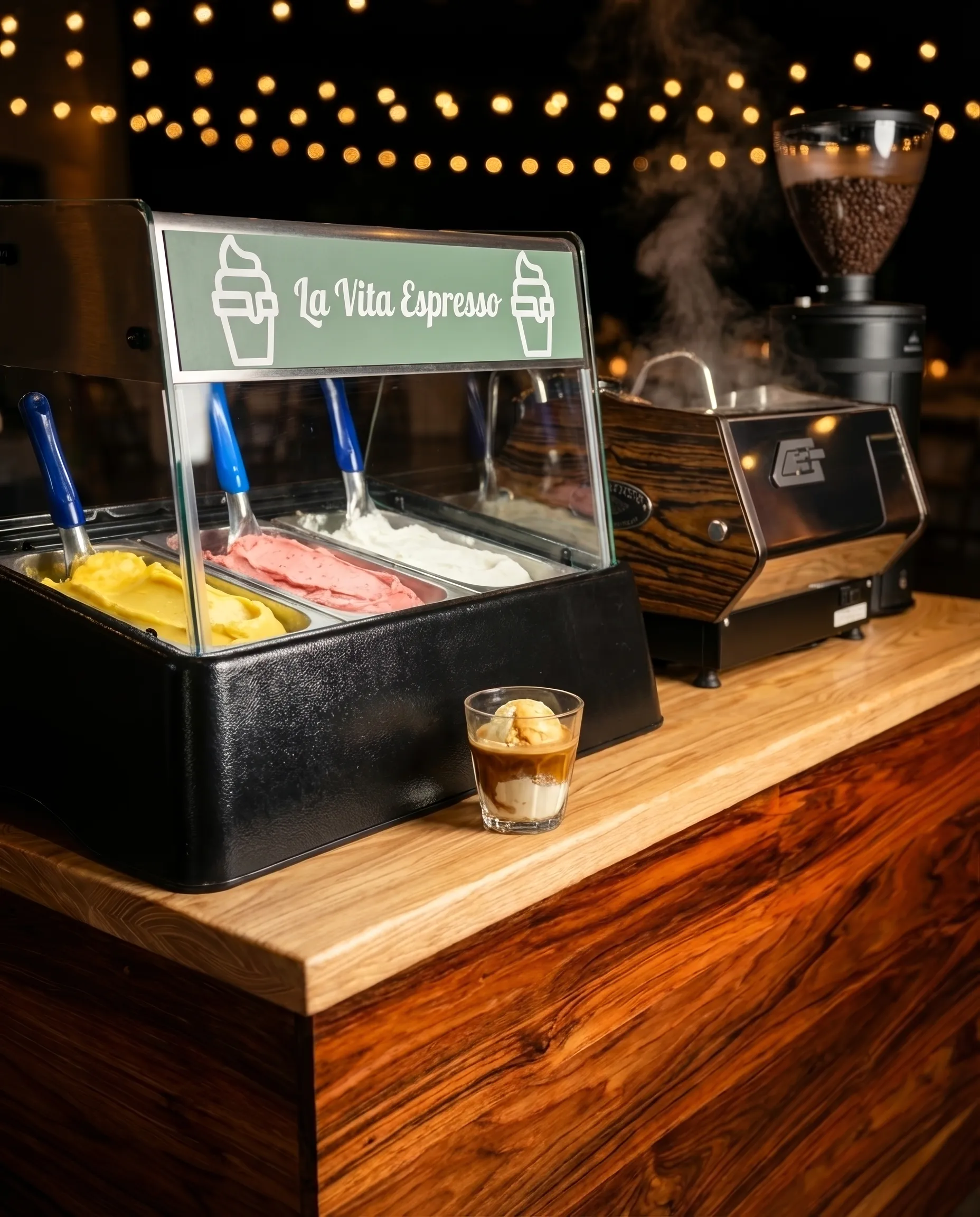 La Vita Espresso affogato with gelato cabinet and La Marzocco espresso machine for Minneapolis gelato catering