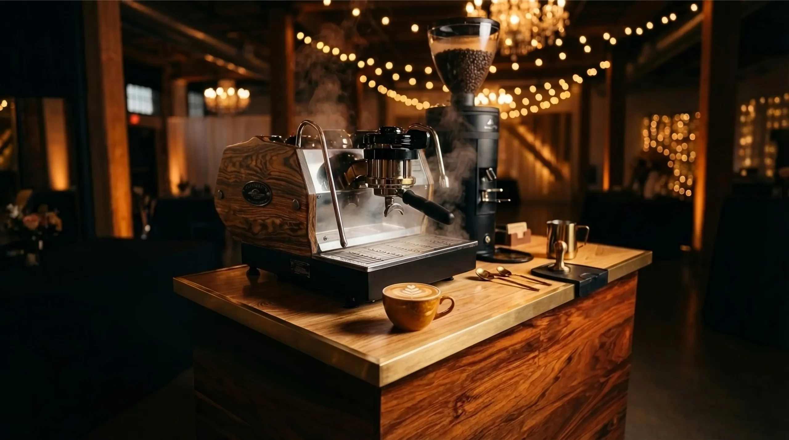 La Vita Espresso La Marzocco GS/3 with Bocote wood panels on handcrafted cart at Minneapolis wedding venue