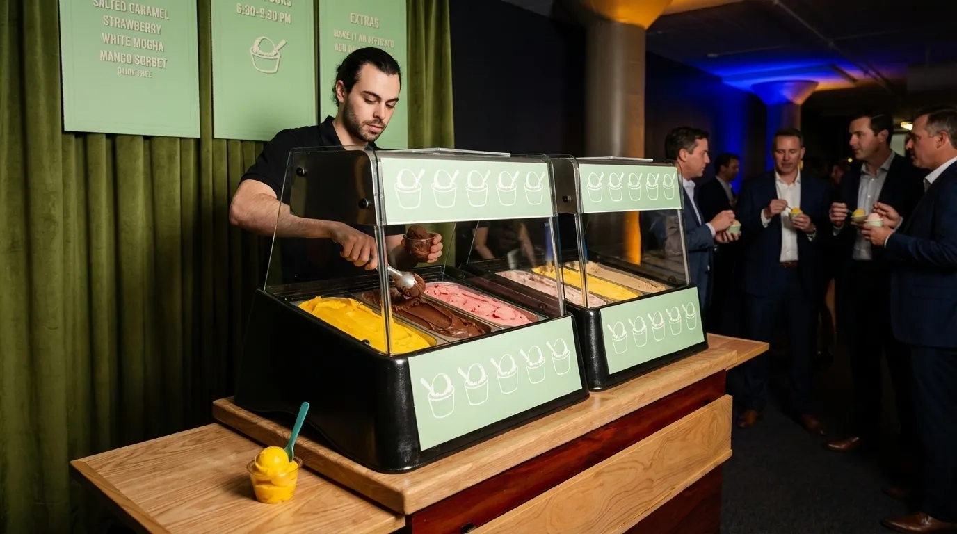 La Vita Espresso gelato catering cart with barista scooping gelato at upscale Minneapolis corporate event