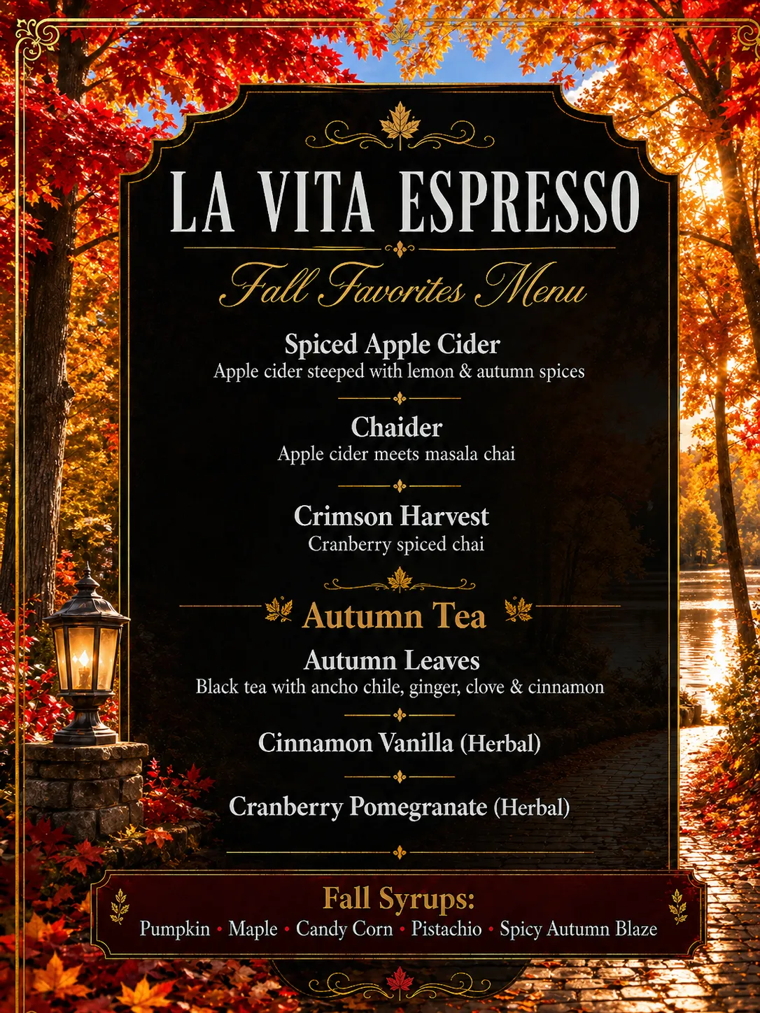 Fall Favorites seasonal coffee cart catering menu for Twin Cities autumn events by La Vita Espresso