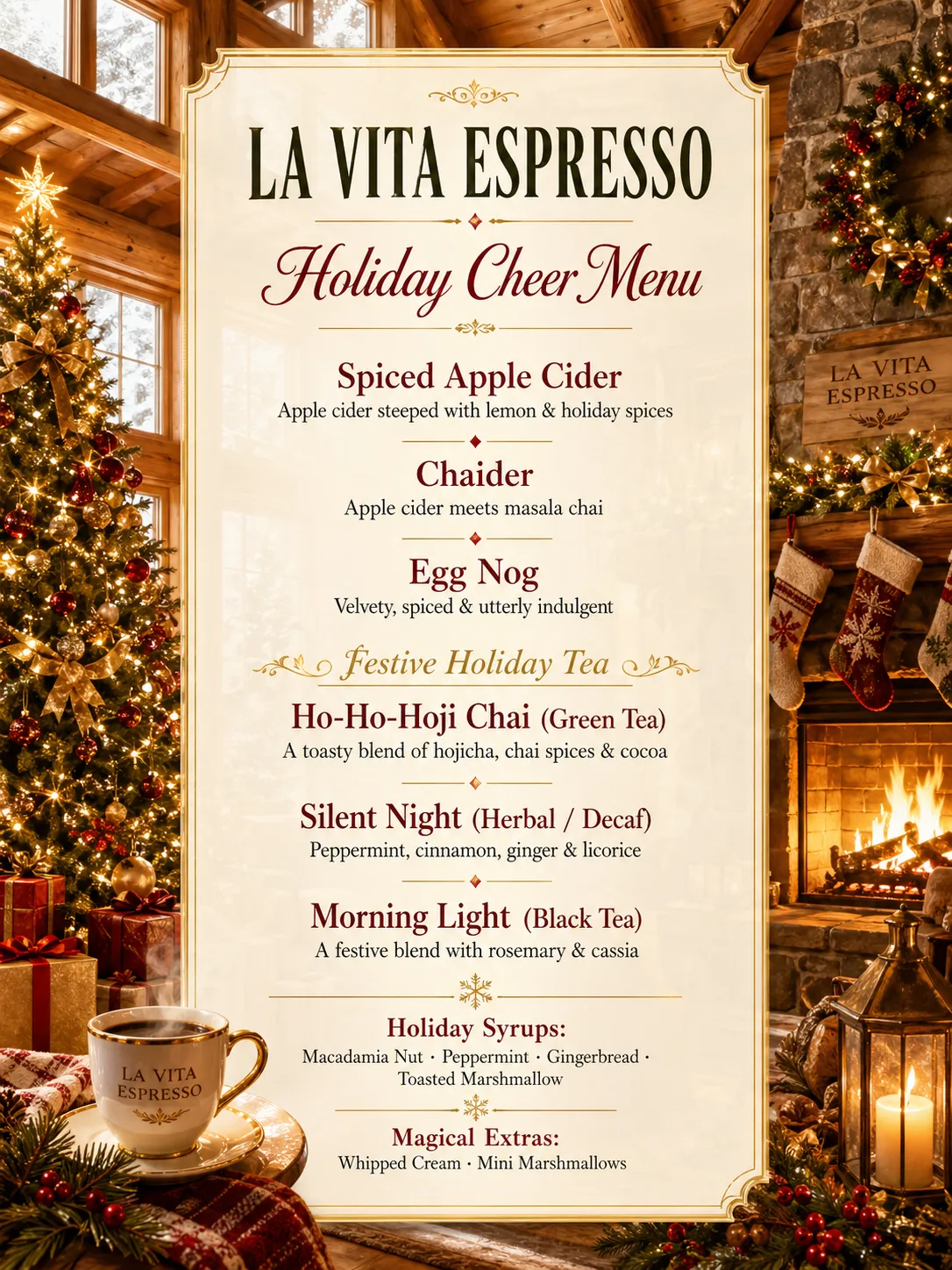 Holiday Cheer seasonal coffee cart catering menu for Minneapolis winter events by La Vita Espresso