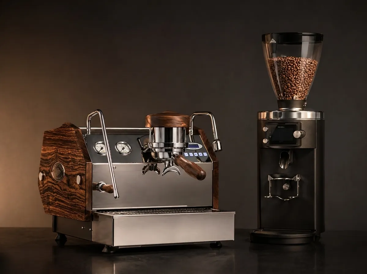 La Marzocco GS/3 with custom Bocote wood panels and Mahlk&ouml;nig E80 grinder for Minnesota and Southeast Wisconsin espresso catering