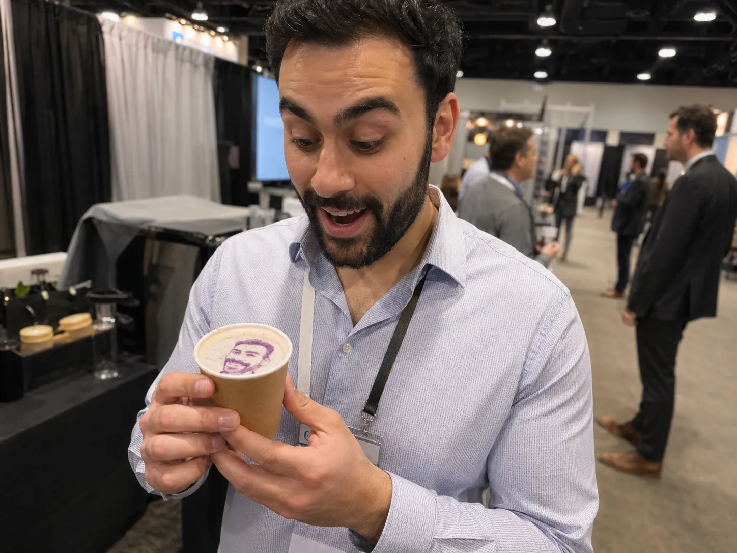Trade show attendee reacting to Ripples custom latte art face printed on coffee foam by La Vita Espresso