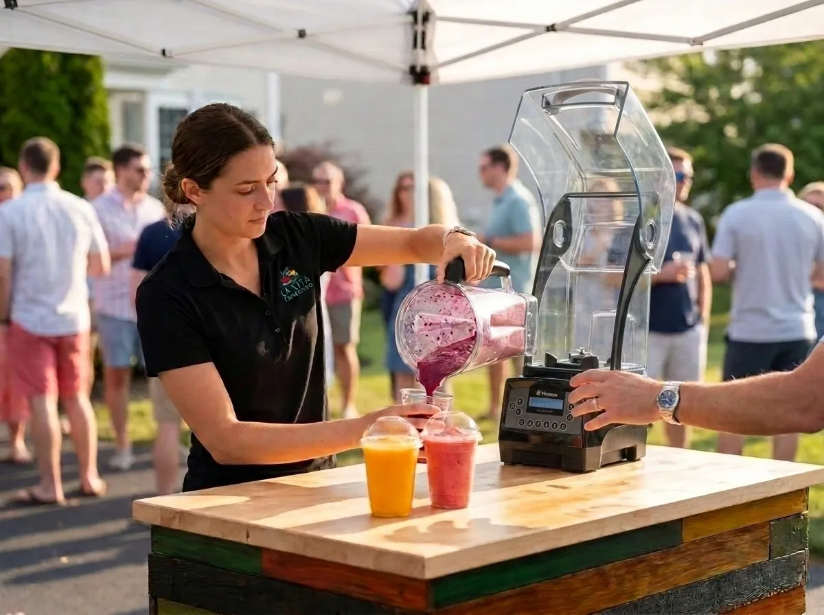 La Vita Espresso barista blending fresh smoothies at outdoor corporate event in Minneapolis Minnesota
