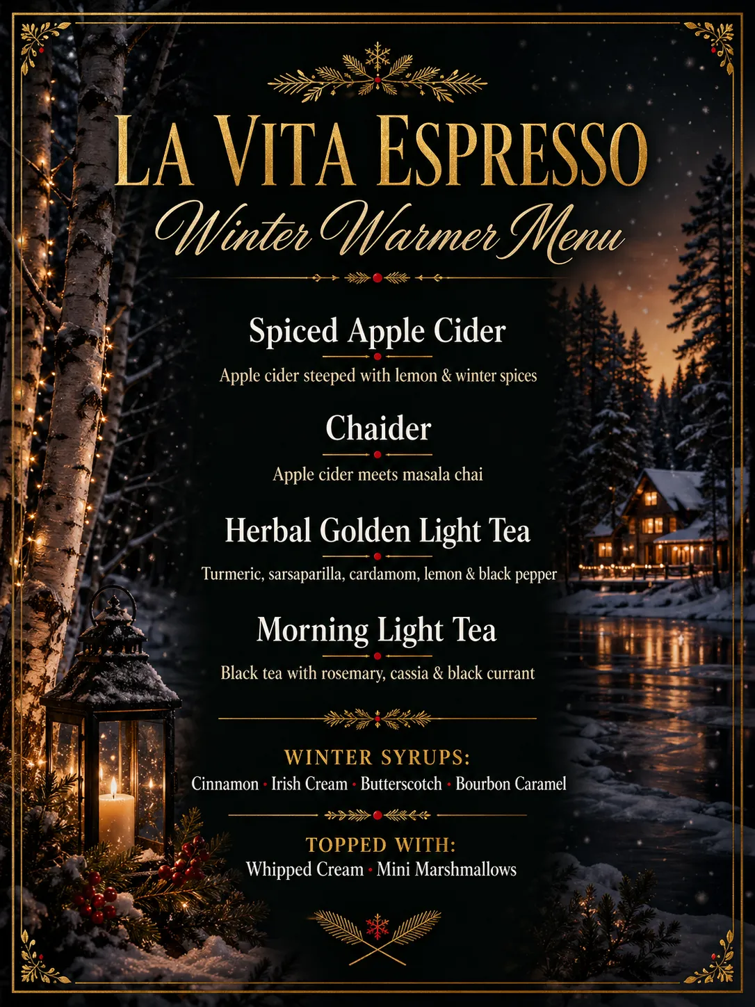 Winter Warmer seasonal coffee cart catering menu for Minnesota and Southeast Wisconsin events by La Vita Espresso