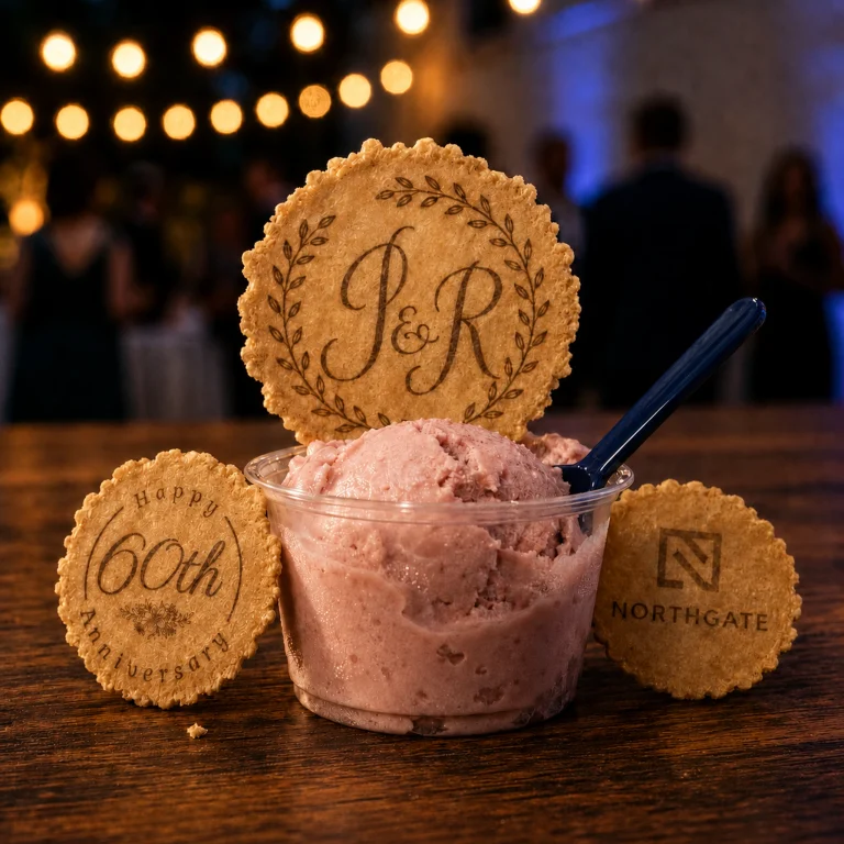 La Vita Espresso custom printed wafers with monogram, message, and company logo for Twin Cities and Milwaukee area ice cream catering